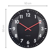 Round Duomo wall clock, 50cm, with domed glass front, black face, white Arabic numerals and red hands, shown with size dimensions on a white background.