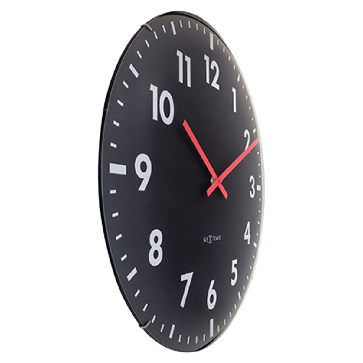 Duomo 50cm round wall clock with domed glass front, black face, white numerals, and red hands, shown at an angle on a plain white background.