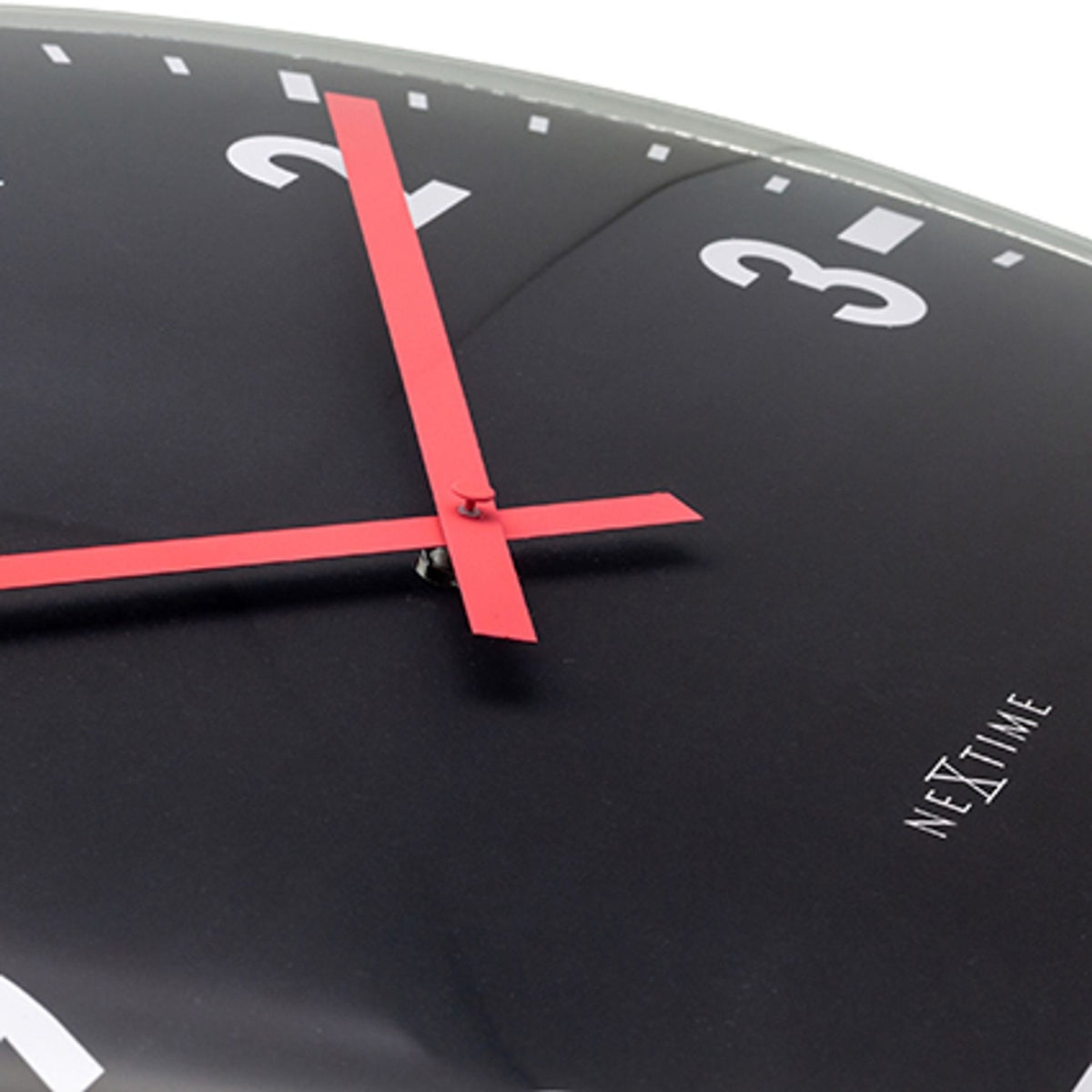 Close-up of the Duomo Domed Glass Wall Clock, 50cm, with a black face, white numerals, and red hands, showing the curved glass dome and "NeXtime" logo.