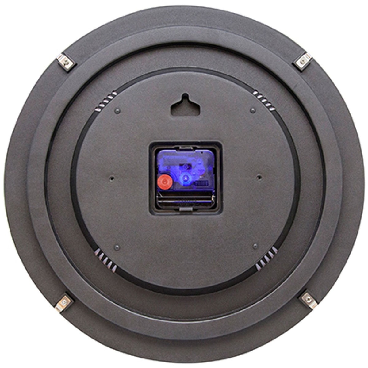 Rear view of the TV Testpage round wall clock, 35cm, showing the dark grey plastic back casing, quartz movement with blue and red components, hanging hook and four mounting clips.