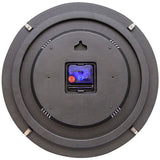 Rear view of the TV Testpage round wall clock, 35cm, showing the dark grey plastic back casing, quartz movement with blue and red components, hanging hook and four mounting clips.