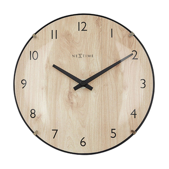 Edge Wood Mini Table or Wall Clock, 20cm round, light wood grain face with black numerals, slim black rim and black hands, on a plain white background.