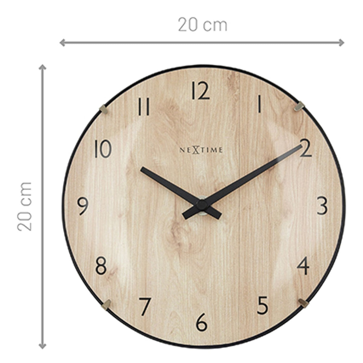 Edge Wood Mini Table or Wall Clock, 20cm round, light wood face with black numerals and hands, slim black rim, shown with size dimensions on white background.