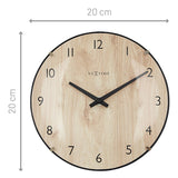 Edge Wood Mini Table or Wall Clock, 20cm round, light wood face with black numerals and hands, slim black rim, shown with size dimensions on white background.