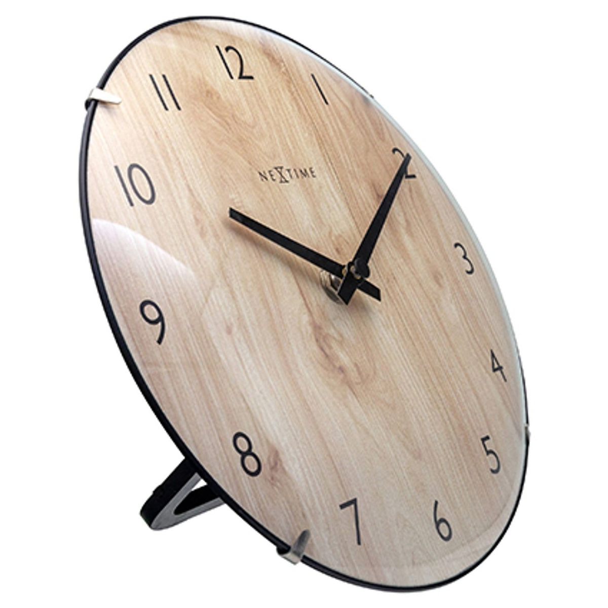 Edge Wood Mini Table or Wall Clock 20cm, round light wood face with black numerals and hands, slim black rim and stand, shown on a white background.