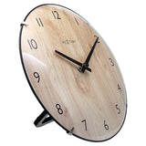 Edge Wood Mini Table or Wall Clock 20cm, round light wood face with black numerals and hands, slim black rim and stand, shown on a white background.