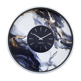 48cm round wall clock with silver aluminium case, white/grey/black marble-effect face with gold veining, and black inner dial with silver baton markers and hands.