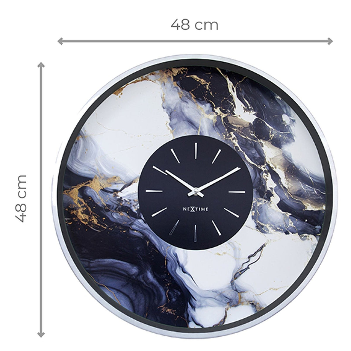 Round 48cm wall clock with silver aluminium case, white-grey-black marble-effect face with gold veins, black inner dial, and silver baton markers, shown with dimensions on white background.