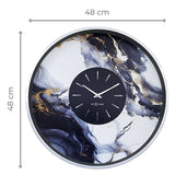 Round 48cm wall clock with silver aluminium case, white-grey-black marble-effect face with gold veins, black inner dial, and silver baton markers, shown with dimensions on white background.
