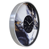 Round wall clock, 48cm, with brushed silver aluminium case and marble-patterned face in white, grey and black with gold veins, featuring a black inner dial with silver baton markers.