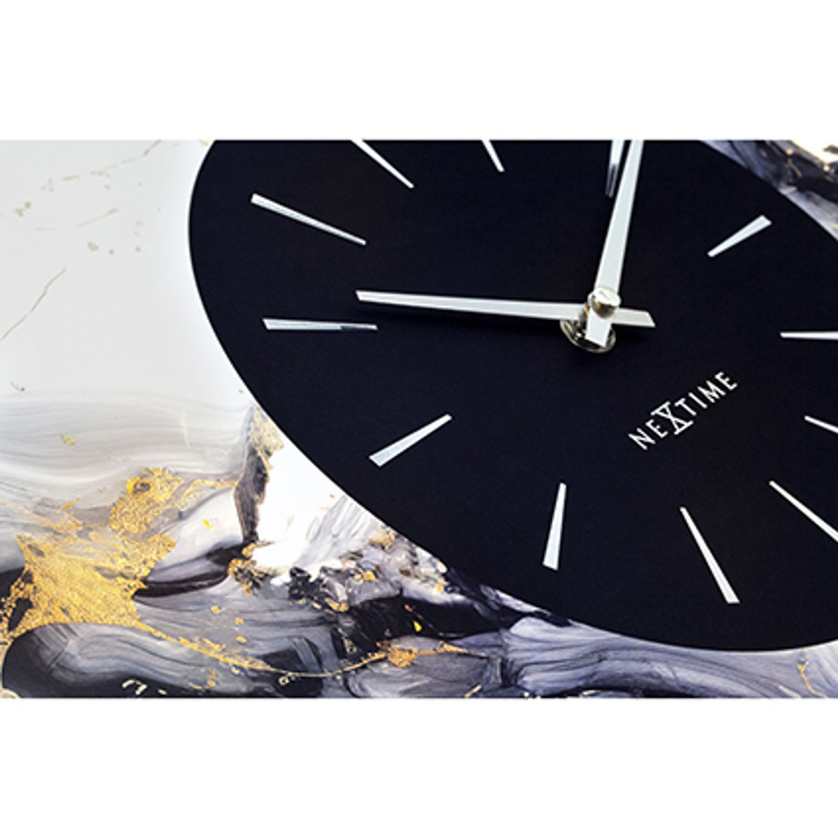 Close-up of the Marble Duo Round Aluminium Wall Clock 48cm, showing a black inset dial with silver baton markers and hands against a white, grey and gold-veined marble face.