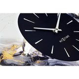 Close-up of the Marble Duo Round Aluminium Wall Clock 48cm, showing a black inset dial with silver baton markers and hands against a white, grey and gold-veined marble face.