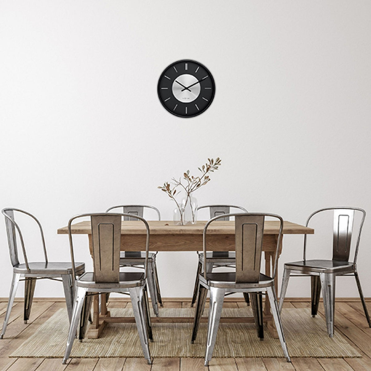 Retro II Round Brushed Silver Centre Wall Clock 25cm - Black