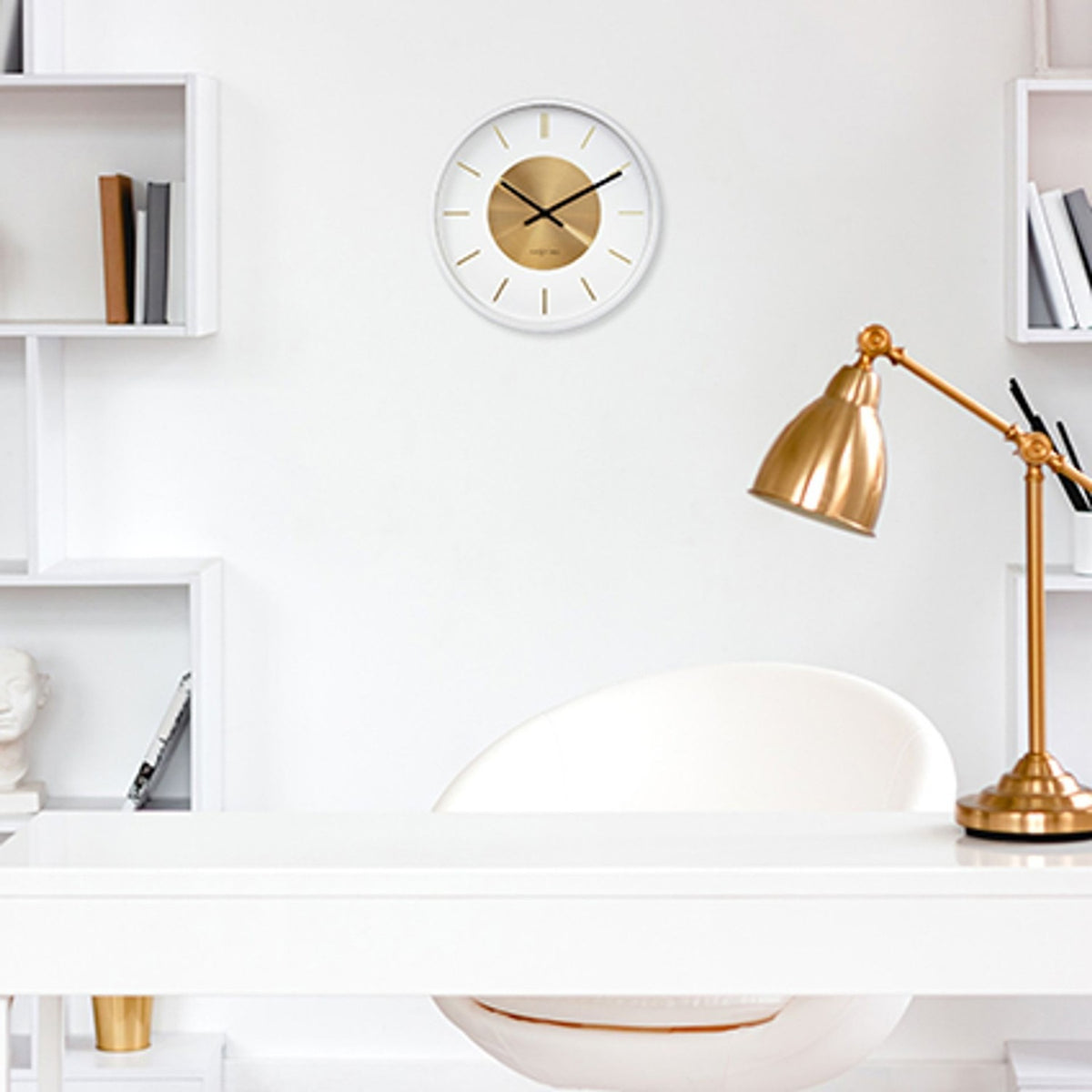 Retro II Round Metal Analogue Wall Clock 25cm - White & Gold