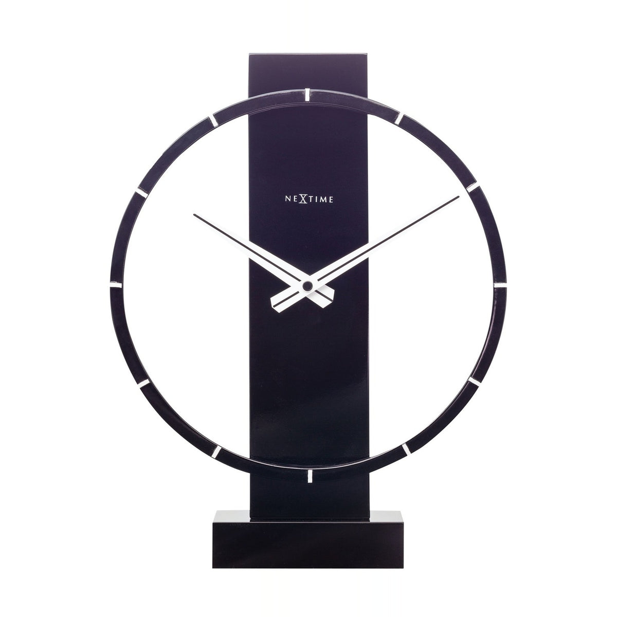 Open Ring Wood and Steel Table or Wall Clock in black, round open frame with white baton markers, slim hands, and a rectangular base, shown on a white background.