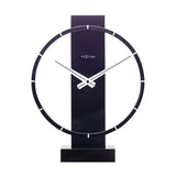 Open Ring Wood and Steel Table or Wall Clock in black, round open frame with white baton markers, slim hands, and a rectangular base, shown on a white background.