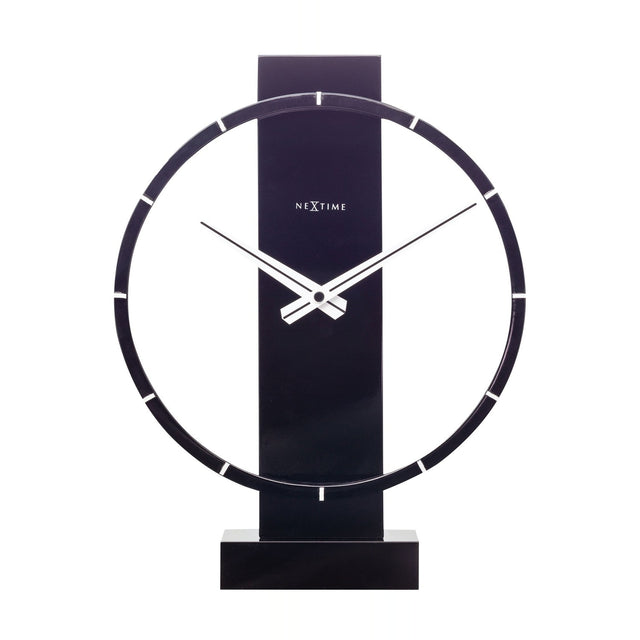 Open Ring Wood and Steel Table or Wall Clock in black, round open frame with white baton markers, slim hands, and a rectangular base, shown on a white background.