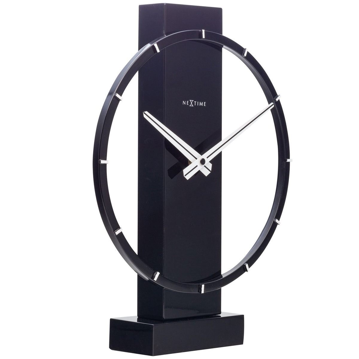 Open Ring Wood and Steel Table or Wall Clock 34cm in black, round open frame with white baton hour markers, white hands, upright column and rectangular base, on a white background.