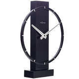 Open Ring Wood and Steel Table or Wall Clock 34cm in black, round open frame with white baton hour markers, white hands, upright column and rectangular base, on a white background.