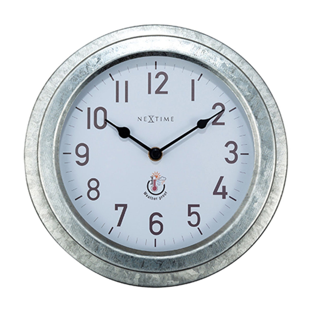 Poppy round wall clock, 22cm, with deep galvanised silver case, white dial, bold black numerals, and slim black hands, shown on a plain white background.