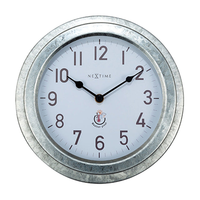 Poppy round wall clock, 22cm, with deep galvanised silver case, white dial, bold black numerals, and slim black hands, shown on a plain white background.