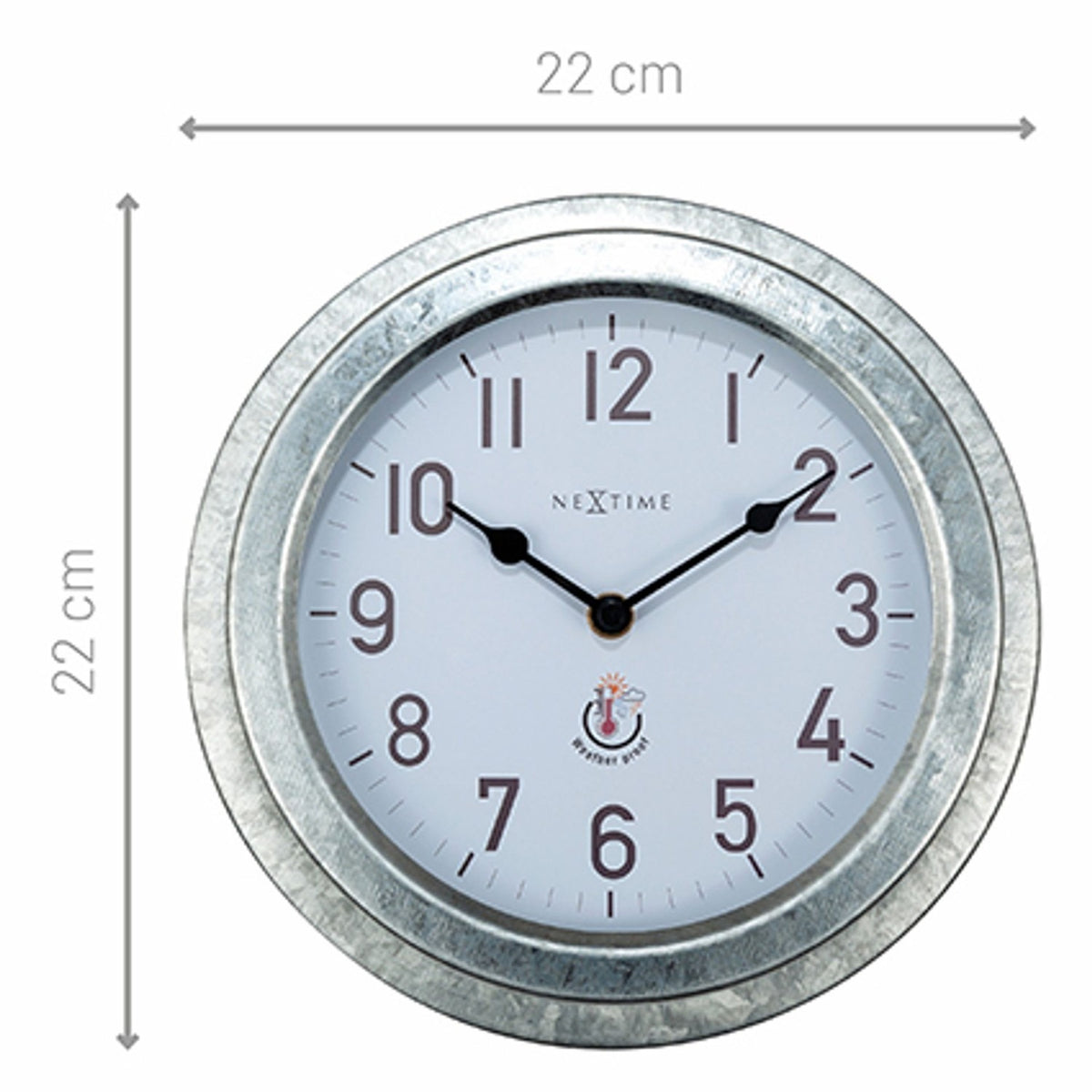 Poppy Galvanised round wall clock, 22cm, deep silver mottled case with white dial, black numerals and hands, shown with size dimensions on a white background.