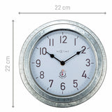 Poppy Galvanised round wall clock, 22cm, deep silver mottled case with white dial, black numerals and hands, shown with size dimensions on a white background.