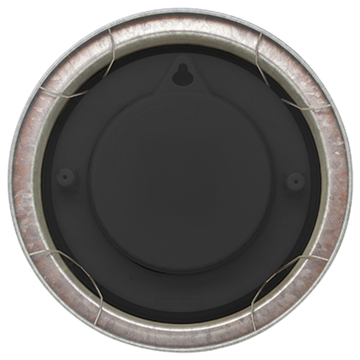Rear view of the Poppy Galvanised Round Wall Clock 22cm showing the black plastic back casing, hanging hook, and wire bail within the mottled silver galvanised rim, on a plain white background.