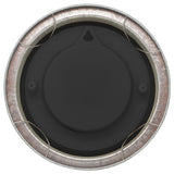 Rear view of the Poppy Galvanised Round Wall Clock 22cm showing the black plastic back casing, hanging hook, and wire bail within the mottled silver galvanised rim, on a plain white background.