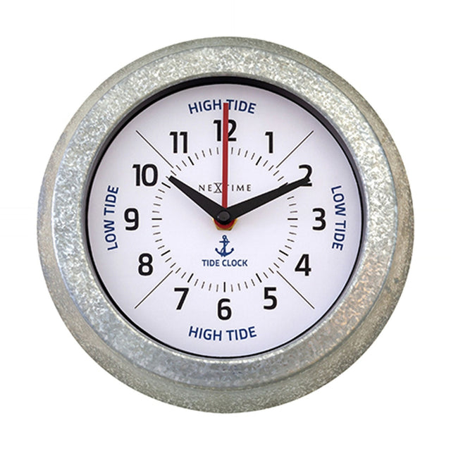 Round galvanised wall clock with silver textured case and white dial, black numerals, blue High Tide/Low Tide markings and anchor detail, on a plain white background.