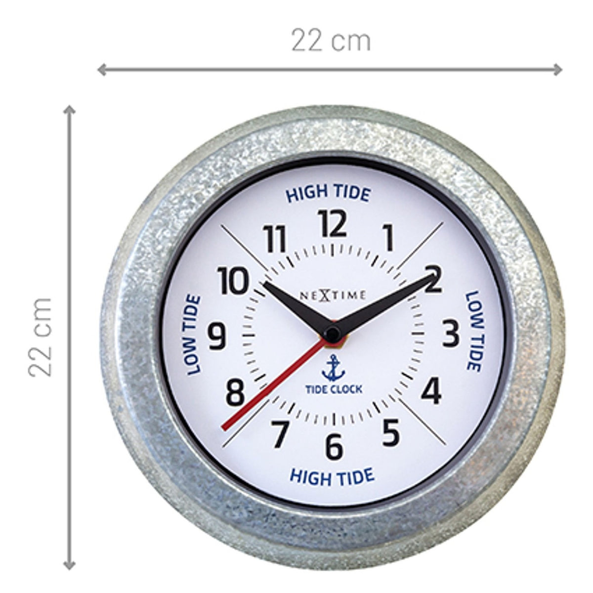 Round galvanised wall clock, 22cm, with white dial, black numerals, red and black hands, blue "High Tide" and "Low Tide" text, and anchor detail, shown with size dimensions on a white background.