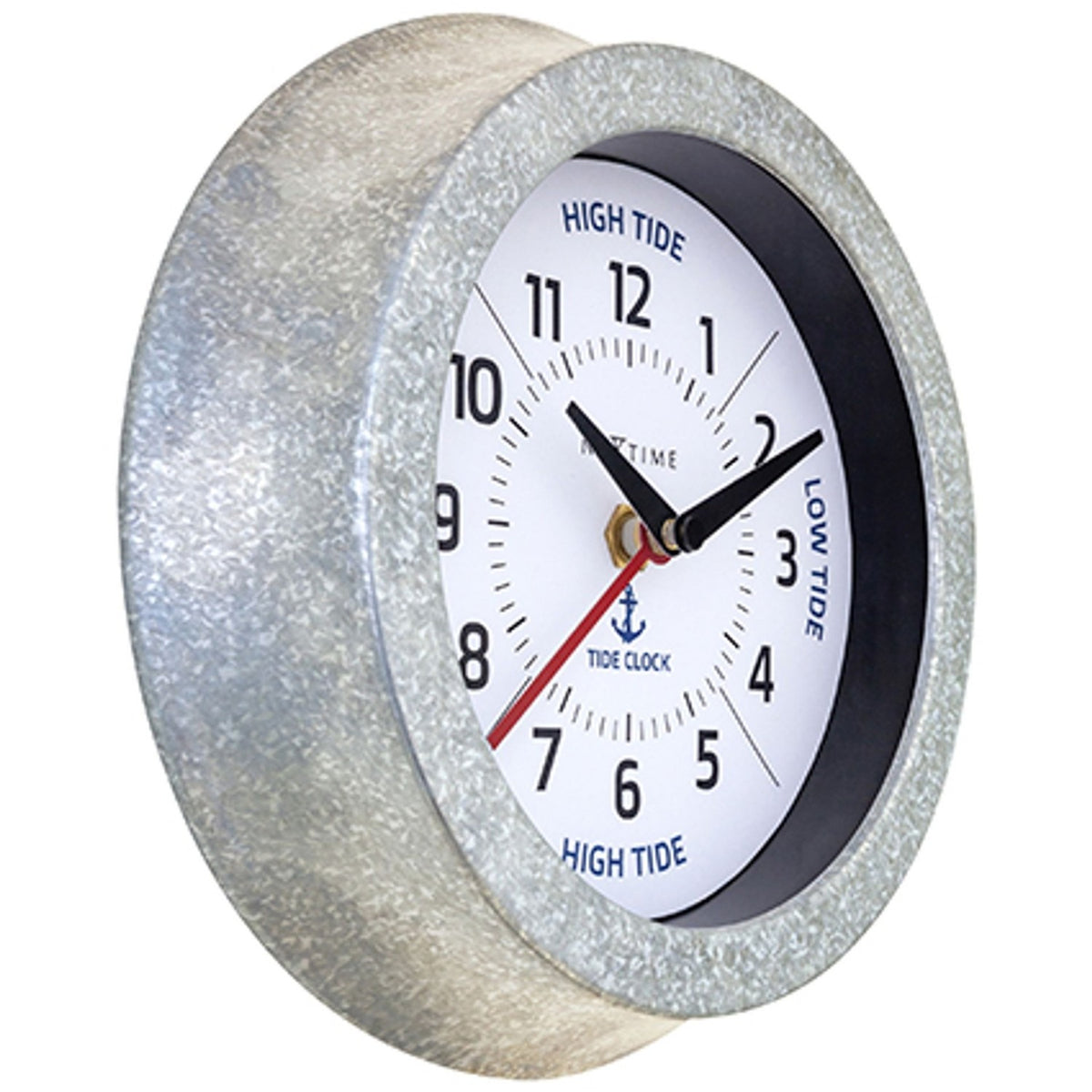 Round galvanised wall clock with white dial, black numerals, blue "High Tide" and "Low Tide" text, anchor motif, and black and red hands, shown at an angle on a white background.