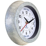 Round galvanised wall clock with white dial, black numerals, blue "High Tide" and "Low Tide" text, anchor motif, and black and red hands, shown at an angle on a white background.