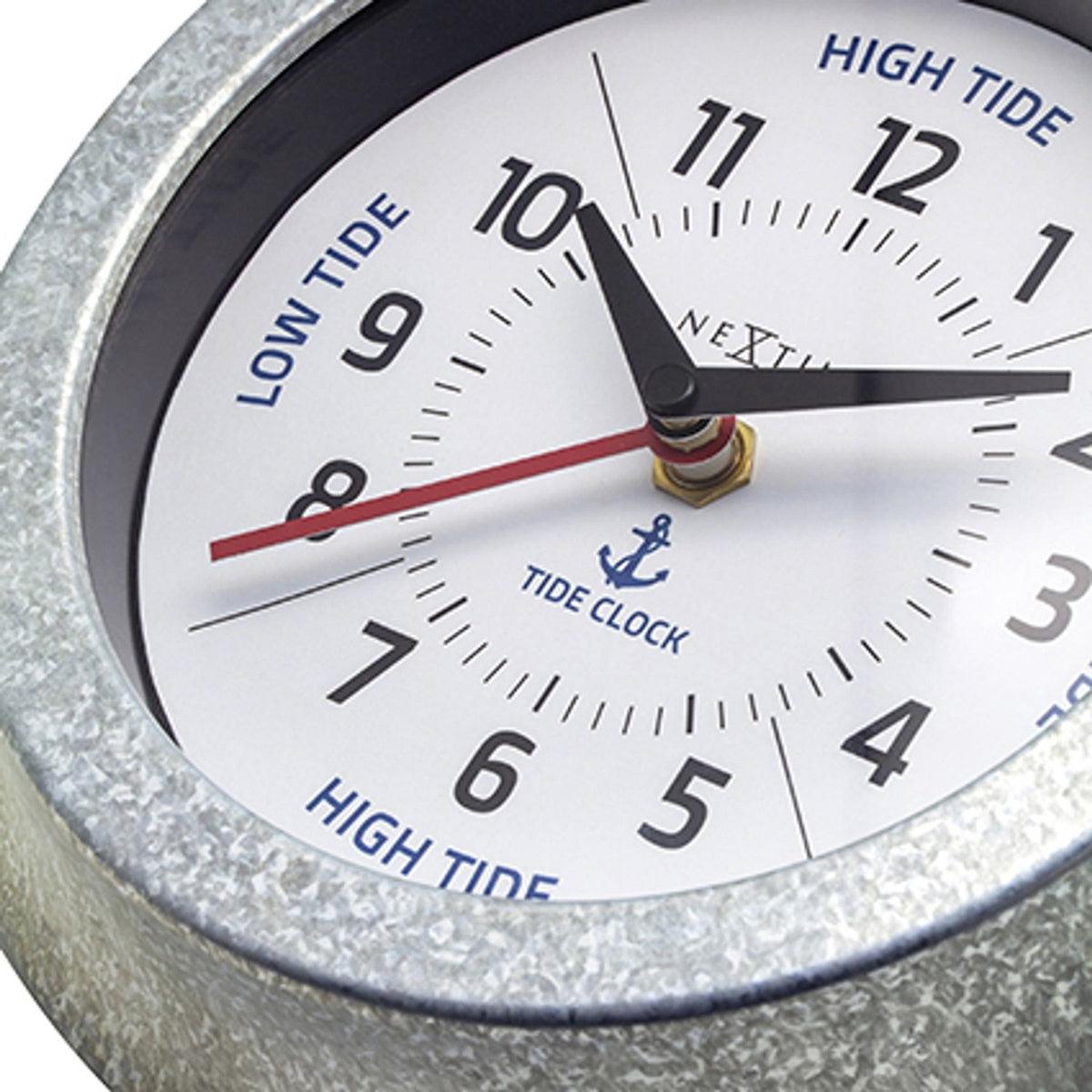 Close-up of the Tide Galvanised Wall Clock, 22cm round silver case with white dial, black numerals, blue High Tide/Low Tide text and anchor motif.