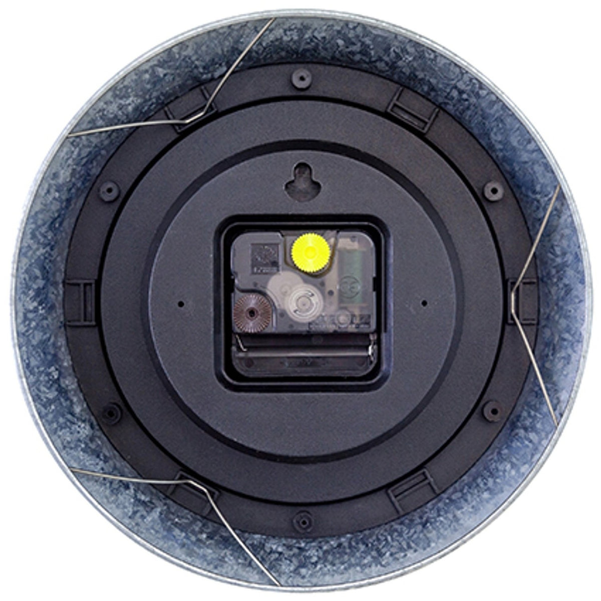 Rear view of the Tide Galvanised Wall Clock 22cm showing the black clock mechanism, yellow gear, hanging hook, and silver casing on a white background.