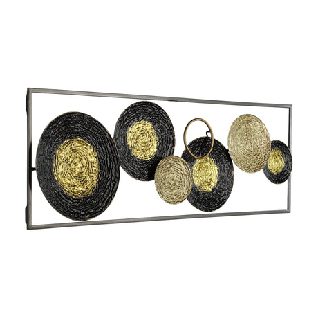 Numazu metal wall decoration in black and gold, featuring a slim rectangular steel frame holding overlapping textured discs and a small gold ring, shown against a plain white background.