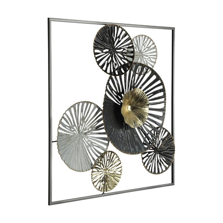 Numazu Metal Wall Decoration in a slim square frame, featuring overlapping radiating circular discs in black, white and gold with a ridged gold flower-shaped centrepiece, on a plain white background.