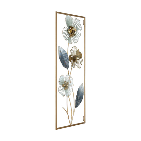 Numazu Wall Decoration, a tall slim gold-toned metal frame with three raised-centre flowers in pale blue and gold, and silvery-blue leaves on curving stems, shown on a plain white background.