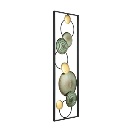 Numazu Wall Decoration in a slim black rectangular frame, featuring linked black rings holding sage-green discs, two with spiral detail, and gold-leaf accent discs, shown on a plain white background.