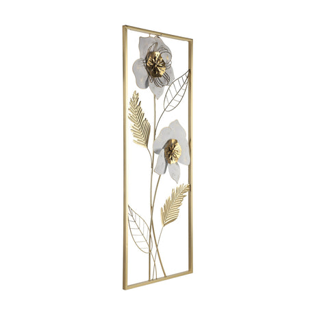 Numazu Wall Decoration: slim gold rectangular frame with two white flowers, gold centres and stems, feathered fronds, and open wire-outline leaves, on a white background.