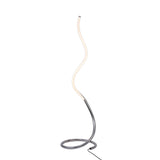 The Nur II Dimmable LED Floor Lamp 20W 3000K features a polished chrome base, elegant spiral design, white LED light strip in a wave shape, and a black power cord extending from the base.