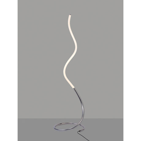 The Nur II Dimmable LED Floor Lamp (20W, 3000K) in polished chrome features a modern abstract curving white light tube rising from a circular base, set against a plain gray background.