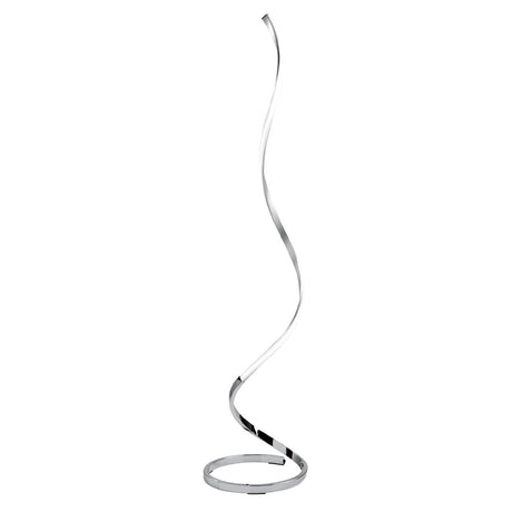 The Nur Dimmable LED Floor Lamp 20W 3000K in Silver & Chrome features a tall, slender metal body with a smooth spiral design, elegantly twisting upward and set against a plain white background.