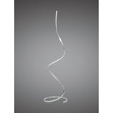 The Nur Blanco XL Dimmable LED Floor Lamp 20W 3000K in chrome features a tall, slender, ribbon-like form spiraling upward from a circular base, creating a modern lighting design that stands out against a plain gray background.