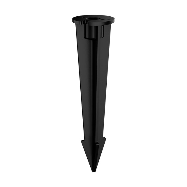 O-Zone black ground spike for outdoor spotlights, showing a round mounting plate and pointed ribbed stake, on a plain white background.