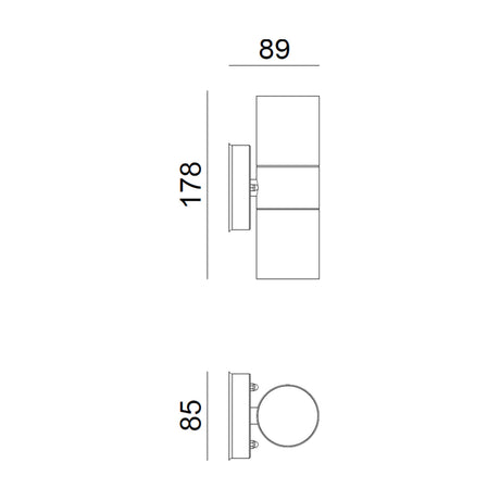Technical line drawing of the OBEX Outdoor Up/Down Wall Light in anthracite, showing a slim square aluminium body with round wall mount, dimensions 178mm height, 89mm projection, 85mm depth.