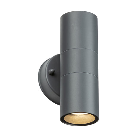 OBEX Outdoor Up/Down Wall Light in anthracite, a cylindrical aluminium GU10 fitting on a round wall plate with glass lens, shown lit on a plain white background.