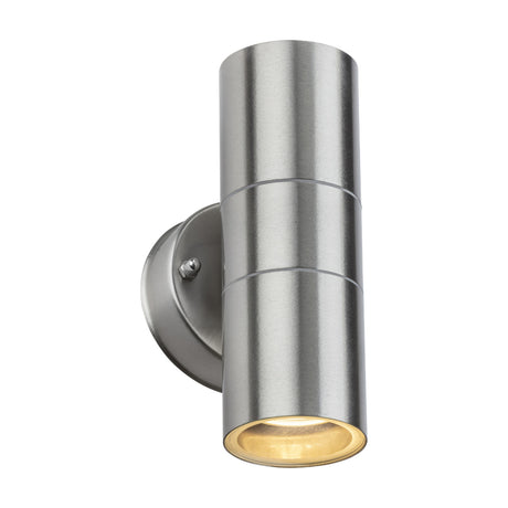 OBEX IP55 outdoor up/down wall light in brushed chrome, cylindrical stainless steel body with GU10 lamp visible, round wall mount plate, on a white background.