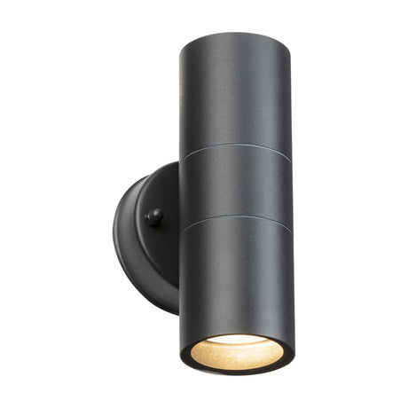 OBEX Outdoor Up/Down Wall Light in matt black, a slim cylindrical aluminium fixture with GU10 downlight visible, mounted on a round wall plate, IP55 rated, shown on a white background.