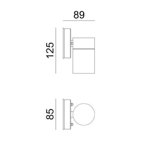Technical line drawing of the OBEX IP55 GU10 outdoor wall light in anthracite, showing round wall plate and cylindrical aluminium head with glass front, 89mm projection, 125mm height, 85mm diameter.